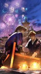 Rule 34 | 2boys, architecture, boat, character request, closed mouth, copyright request, east asian architecture, fingernails, fireworks, highres, imam (oozlo), korean commentary, lantern, lips, male focus, multiple boys, new year, night, night sky, ponytail, sky, smile, spiked hair, water, watercraft