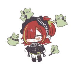 1girl :d arknights bandaid bandaid_on_face black_dress black_hairband black_shoes brown_eyes chain chibi chibi_only commentary dress earrings eyepatch full_body gauze_on_knee hair_over_one_eye hairband hmrsh jewelry multicolored_hair necklace open_mouth pointy_ears red_hair shoes simple_background smile solo streaked_hair tecno_(arknights) white_background