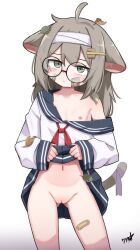 1girl absurdres ahoge animal_ears bandaid bandaid_on_face bandaid_on_leg blue_skirt boppin cleft_of_venus closed_mouth clothes_lift cowboy_shot flat_chest glasses green_eyes hair_ornament highres lifting_own_clothes loli long_sleeves looking_at_viewer navel neckerchief nipples no_panties off_shoulder original pleated_skirt pussy red_neckerchief sailor_collar school_uniform serafuku shirt signature simple_background skirt skirt_lift solo tail white_background white_shirt