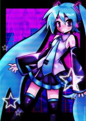 Rule 34 | 1girl, aqua eyes, aqua hair, bare shoulders, black skirt, blue eyes, blue hair, blush, collared shirt, detached sleeves, grey shirt, hair between eyes, hair ornament, halftone, halftone background, hatsune miku, highres, long hair, looking at viewer, miku day, necktie, pleated skirt, s3cretlyaduck, shirt, skirt, solo, sound wave, star (symbol), thighhighs, tie clip, twintails, very long hair, vocaloid, zettai ryouiki