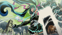 1girl aqua_eyes aqua_hair cityscape cthulhu_mythos detached_sleeves female_focus hatsune_miku highres key long_hair maxgonta nature necktie outdoors planet plant r&#039;lyeh silver_key skirt sky solo thighhighs twintails very_long_hair vocaloid yog-sothoth zettai_ryouiki