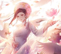 1girl bird bird_wings black_hair comt216 crane_(animal) falling_petals flower khan_van lotus open_mouth original petals reaching short_hair solo tassel vietnamese_clothes ao_dai vietnamese_text wings yellow_eyes