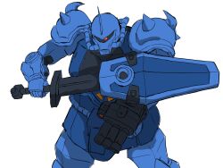 Rule 34 | arm mounted weapon, drawing sword, gouf custom, gundam, highres, holding, holding sword, holding weapon, looking at viewer, mecha, mecha kaku man, mobile suit, mono-eye, no humans, robot, science fiction, shield, simple background, standing, sword, weapon, white background, zeon