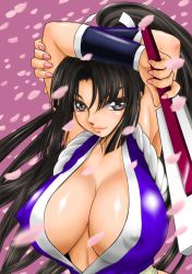 1girl absurdres arm_up black_hair breasts cleavage covered_erect_nipples fatal_fury female_focus hand_fan highres huge_breasts no_bra shiranui_mai smile snk solo the_king_of_fighters wolfpack