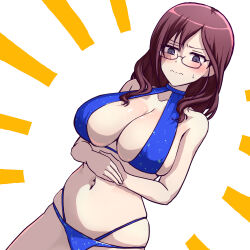 1girl bikini blue_bikini blush breasts cleavage closed_mouth collarbone commentary_request glasses hands_on_own_stomach highres hitofudegaki_usagi idolmaster idolmaster_cinderella_girls large_breasts long_hair navel purple_eyes purple_hair simple_background skindentation stomach swimsuit white_background yagami_makino
