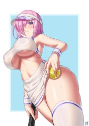 1girl absurdres ball bare_shoulders blush breasts closed_mouth fate/grand_order fate_(series) guriguri_(arayotto4351) hair_over_one_eye hat highres large_breasts looking_at_viewer mash_kyrielight miniskirt navel purple_eyes purple_hair racket shirt short_hair skirt smile solo sports_bra sportswear sweat tennis_ball tennis_racket tennis_uniform thighhighs thighs underboob visor_cap white_hat white_shirt white_sports_bra white_thighhighs wristband