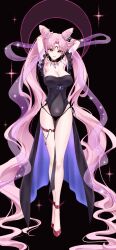 1girl absurdly_long_hair absurdres anklet armpits arms_behind_head arms_up bat_wings bishoujo_senshi_sailor_moon black_background black_lady_(sailor_moon) black_panties bracelet breasts chibi_usa crescent crescent_facial_mark curtained_hair double_bun dress earrings facial_mark frilled_thigh_strap glowing_tattoo hair_bun highres jewelry jie_tou_deng_shan_ke large_breasts long_hair looking_at_viewer no_nose panties parted_bangs pendant_choker pink_eyes pink_hair pubic_tattoo see-through_clothes see-through_dress side-tie_panties simple_background sparkle tattoo thigh_strap twintails underwear very_long_hair wings