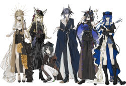 Rule 34 | 1boy, 5girls, absurdres, ambience synesthesia, animal ear fluff, animal ears, arknights, asymmetrical legwear, bare shoulders, black boots, black dress, black jacket, black shoes, black skirt, blaze (arknights), blonde hair, blue eyes, blue hair, blue shirt, blue skirt, boots, breasts, brown eyes, brown hair, brown shoes, brown thighhighs, character request, check character, covered collarbone, crop top, dress, fox ears, fox girl, fox tail, grey eyes, grey hair, hair between eyes, high-waist skirt, highres, horns, jacket, juliet sleeves, la pluma (arknights), logos (arknights), logos (radiant serenity) (arknights), long hair, long sleeves, medium breasts, mismatched legwear, mostima (arknights), mostima (ethereal harmony) (arknights), muelsyse (arknights), muelsyse (golden reverie) (arknights), multiple girls, naruse azusa, navel, parted lips, pleated skirt, pointy ears, puffy sleeves, red eyes, round eyewear, shirt, shoes, simple background, skirt, smile, squatting, sunglasses, tail, thighhighs, very long hair, vulpisfoglia (arknights), white background, white shoes, white thighhighs