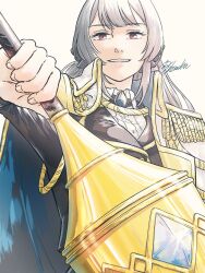 Rule 34 | 1girl, aiguillette, artist name, black jacket, black ribbon, blue gemstone, brown background, collared shirt, commentary, epaulettes, fingernails, gem, grey hair, hair ribbon, hand up, highres, holding, holding polearm, holding weapon, jacket, jacket on shoulders, lance, long hair, long sleeves, looking at viewer, outstretched arm, parted lips, polearm, purple eyes, reaching, reaching towards viewer, ribbon, shirt, shoujo kageki revue starlight, shoujo kageki revue starlight -re live-, shozoku, signature, simple background, smile, solo, teeth, upper body, upper teeth only, weapon, white jacket, white shirt, yukishiro akira