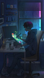 1boy absurdres blue_hoodie blue_pants book bookshelf bracelet chair commentary_request computer cup desk drawing drawing_(object) drawing_tablet full_body headphones highres hood hoodie indoors jewelry key male_focus monitor original pants pasoputi picture_frame plant potted_plant rain short_hair sitting solo window window_blinds wooden_floor