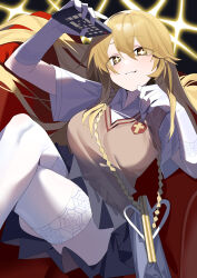 Rule 34 | + +, 1girl, absurdres, arm up, bag, blonde hair, blue skirt, breasts, brown sweater vest, collared shirt, commentary request, controller, crossed legs, elbow gloves, gloves, grey skirt, handbag, highres, holding, holding remote control, large breasts, long hair, looking at viewer, miniskirt, pleated skirt, remote control, school emblem, school uniform, shirt, shokuhou misaki, short sleeves, sitting, skirt, smile, solo, sparkling eyes, star-shaped pupils, star (symbol), summer uniform, sweater vest, symbol-shaped pupils, thighhighs, toaru kagaku no railgun, toaru majutsu no index, tokiwadai school uniform, v-neck, wako (1194433260), white gloves, white shirt, white thighhighs, yellow eyes