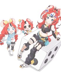 1girl :3 :d animal_ear_fluff animal_ear_legwear animal_ears asymmetrical_legwear black_gloves black_hair black_shorts blue_bag blue_eyes blush bow braid breasts crop_top dice fishnet_thighhighs fishnets gloves hair_ornament hairclip hakos_baelz hakos_baelz_(casual) highres hololive hololive_english long_hair looking_at_viewer medium_breasts mouse_ears mouse_girl mouse_tail mr._squeaks_(hakos_baelz) multicolored_hair navel o_kudake official_alternate_costume official_alternate_hairstyle open_mouth red_hair scarf shorts single_thighhigh sitting smile smol_baelz star_(symbol) star_hair_ornament strawberry_baelz streaked_hair sunglasses sweater tail thighhighs twin_braids virtual_youtuber white_background white_footwear white_hair white_sweater