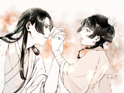 1boy 1girl arm_wrap bow brown_theme chinese_clothes dated eye_contact hair_bow hanfu hetero highres holding_hands jinshi_(kusuriya_no_hitorigoto) kusuriya_no_hitorigoto long_hair looking_at_another maomao_(kusuriya_no_hitorigoto) monochrome yoakedori914moz
