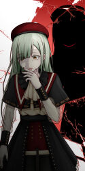 2girls absurdres bang_dream! bang_dream!_it&#039;s_mygo!!!!! beret bilingual_commentary broken_glass clea_ekos commentary dual_persona evil_smile glass green_hair hat highres long_hair mixed-language_commentary mortis_(bang_dream!) mortis_(costume)_(bang_dream!) mortis_(persona)_(bang_dream!) multiple_girls open_mouth red_hat shadow smile wakaba_mutsumi yellow_eyes