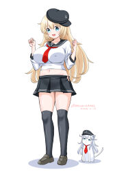 1girl animalization atago_(kancolle) black_sailor_collar black_skirt black_thighhighs blonde_hair blue_eyes breasts cosplay flat_cap full_body hat hibiki_(kancolle) hibiki_(kancolle)_(cosplay) kantai_collection large_breasts long_hair long_sleeves masara_(chuujou) midriff one-hour_drawing_challenge pleated_skirt sailor_collar sailor_shirt school_uniform serafuku shirt skirt thighhighs undersized_clothes white_shirt