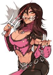 1girl abs almightychiru belt blood bloody_weapon breasts brown_hair cleavage commentary crop_top dagger english_commentary extra_teeth highres holding holding_dagger holding_knife holding_mask holding_weapon knife licking licking_weapon looking_at_viewer mask medium_breasts medium_hair midriff mileena_(mortal_kombat) mortal_kombat_(series) mortal_kombat_x mouth_mask o-ring o-ring_belt red_nails sharp_teeth skull_belt solo teeth tongue tongue_out weapon white_background yellow_eyes
