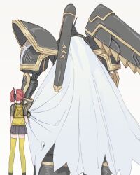1girl aiba_ami alphamon armor black_armor black_helmet black_shirt black_skirt cape dailyewdream digimon digimon_(creature) digimon_story:_cyber_sleuth feet_out_of_frame from_behind goggles goggles_on_head helmet highres knight long_hair red_hair shirt side_ponytail simple_background skirt standing two-tone_shirt white_background white_cape yellow_shirt