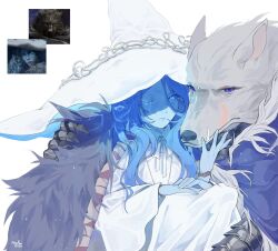 1boy 1girl aniimoni1 blaidd_the_half-wolf blue_cloak blue_eyes blue_lips blue_skin cape cloak colored_skin commentary dress elden_ring english_commentary fur_cloak fur_trim furry furry_male game_screenshot_inset gauntlets hand_on_another&#039;s_shoulder hat highres large_hat lips looking_at_viewer one_eye_closed purple_cape purple_eyes ranni_the_witch simple_background white_background white_dress witch witch_hat wolf_boy
