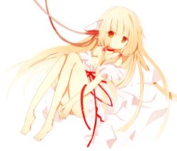 00s 1girl bare_legs bare_shoulders barefoot blonde_hair cable chii chobits choker dress female_focus full_body long_hair long_legs nayu_(rhododendron) off_shoulder robot_ears solo strapless strapless_dress white_background white_dress yellow_eyes