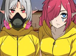 2girls black_eyeliner breaking_bad breasts cleavage collarbone eyeliner facial_mark fire_emblem fire_emblem_heroes forehead_mark grey_hair hazmat_suit highres large_breasts looking_at_viewer makeup mask medium_breasts motor_vehicle motorhome multiple_girls nintendo parted_bangs plumeria_(fire_emblem) pointy_ears purple_eyes recreational_vehicle red_eyes red_hair respirator tavi_(hosheezus) triandra_(fire_emblem)