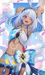 1girl absurdres armpits arms_up bare_shoulders blue_hair blue_hairband blue_nails colored_inner_hair cowboy_shot crop_top genshin_impact grey_hair hairband highres kozou_kazaru midriff mualani_(genshin_impact) multicolored_hair nail_polish navel solo standing stomach yellow_nails