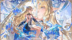 2girls absurdres black_dress blonde_hair blue_eyes blue_hair candlestand cartethyia_(wuthering_waves) chinese_commentary closed_mouth colored_inner_hair commentary_request crown_of_thorns dress dual_persona earrings fleurdelys_(wuthering_waves) hand_on_own_chest highres holding holding_sword holding_weapon horns jewelry long_hair multicolored_hair multiple_girls necklace parted_lips pointy_ears sidelocks single_horn sitting smusmuye sword sword_in_front_of_face tabard tacet_mark_(wuthering_waves) very_long_hair weapon white_tabard wuthering_waves yellow_horns