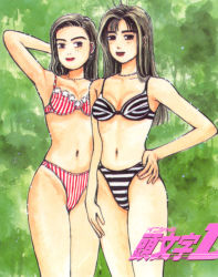 2girls arm_behind_head arm_up armpits bad_anatomy bikini black_bikini black_eyes breasts cleavage copyright_name cowboy_shot day forest grey_hair highleg highleg_bikini initial_d jewelry lips lipstick long_hair looking_at_viewer makeup medium_breasts multiple_girls nature navel necklace official_art outdoors parted_bangs poorly_drawn red_bikini red_lips satou_mako sayuki sayuki_(initial_d) shigeno_shuuichi sil-eighty smile striped_bikini striped_clothes swimsuit tree vertical-striped_bikini vertical-striped_clothes white_bikini