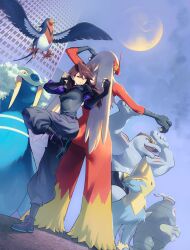 Rule 34 | 1boy, 1girl, 1other, absurdres, bird, black pants, black shirt, blaziken, brown hair, crossover, dusclops, feathers, fighting stance, gen 1 pokemon, gen 3 pokemon, group picture, highres, jaiden animations, machoke, manectric, midair, nintendo, pants, pokemon, pokemon (creature), red feathers, shirt, standing, standing on one leg, swellow, tommy (kingdukeee), wild/card