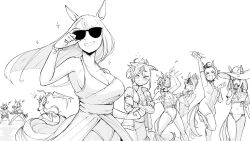 6+girls animal_ears back_bow bandaid bandaid_on_leg bead_bracelet beads bikini bikini_under_clothes blunt_bangs blush bomber_jacket bow bow_bikini bracelet braid bullet&#039;n_board comely_material_morning cowboy_hat cyan_(horse_race_tests) door_knob_(horse_race_tests) downtown_skybox food frilled_one-piece_swimsuit frills greyscale hair_bun hairband hat highres holding holding_umbrella horse_ears horse_girl horse_race_tests horse_tail ice_cream jacket jewelry jovial_merryment lightning_bolt_print lightning_strikes_thrice long_hair low_ponytail mir_(miryumiya) monochrome motion_lines multicolored_hair multiple_girls one-piece_swimsuit personification ponytail resolute_mind_afternoon shirt short_hair shorts streaked_hair sun_hat superstitional_realism surprised swept_bangs swimsuit t-shirt tail tied_shirt twintails umbrella water_gun white_background