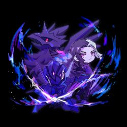 Rule 34 | 1boy, amethio (pokemon), black background, black gloves, bright pupils, ceruledge, chibi, chibi only, closed mouth, commentary request, copituji, corviknight, gen 8 pokemon, gloves, highres, male focus, multicolored hair, nintendo, pants, pokemon, pokemon (anime), pokemon (creature), pokemon horizons, purple eyes, shirt, shoes, short hair, spread fingers, two-tone hair, white pupils