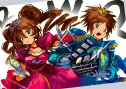 Rule 34 | 1boy, 1girl, blue eyes, blue jacket, breasts, brown hair, copyright name, cowboy shot, donut hair bun, double bun, dress, drill hair, gloves, hair bun, highres, holding, holding poke ball, jacket, large breasts, long hair, nate (pokemon), nintendo, official alternate costume, pink dress, poke ball, poke ball (basic), pokemon, pokemon bw2, rosa (pokemon), short hair, simple background, twin drills, white background, white gloves, zs (zero sickkkzs)