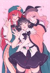 Rule 34 | 3girls, ^ ^, arm around waist, artist name, asymmetrical skirt, bare shoulders, belt, beret, black belt, black bow, black bowtie, black hair, black headwear, black ribbon, black skirt, black thighhighs, blonde hair, blue eyes, bow, bowtie, braid, buttons, closed eyes, closed mouth, collared shirt, commentary, commission, cowboy shot, detached sleeves, dotted line, dreamysuite, eyelashes, fangs, fingernails, flower, frilled shirt, frilled sleeves, frills, green headwear, green skirt, green vest, grin, hair bow, hand on another&#039;s arm, hat, hat ornament, highres, hong meiling, lapels, leaf, long hair, long skirt, long sleeves, looking at viewer, matara okina, miniskirt, multiple girls, neck ribbon, one eye closed, open mouth, orange sleeves, orange tabard, outline, pink background, pink eyes, pink flower, pleated skirt, pointy ears, puffy short sleeves, puffy sleeves, red hair, red headwear, ribbon, ribbon-trimmed skirt, ribbon trim, shameimaru aya, sharp fingernails, shirt, short hair, short sleeves, simple background, single bare leg, skirt, sleeve ribbon, smile, sparkle, star (symbol), star hat ornament, sun print, symbol-only commentary, tabard, thighhighs, tokin hat, tongue, tongue out, touhou, twin braids, v, v-shaped eyebrows, vest, watermark, waving, white outline, white shirt, white sleeves, wide sleeves, yellow trim, zettai ryouiki