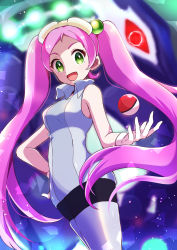 1girl :d black_pantyhose blurry boots breasts collared_dress commentary_request creatures_(company) dress eyelashes floating_hair game_freak gen_2_pokemon gloves goggles goggles_on_head green_eyes grey_dress grey_footwear hair_bobbles hair_ornament hanezu_haru highres legendary_pokemon long_hair looking_at_viewer lovrina_(pokemon) lugia nintendo open_mouth pantyhose pink_hair poke_ball poke_ball_(basic) pokemon pokemon_(creature) pokemon_xd shadow_lugia short_dress sleeveless smile thigh_boots thighhighs tongue twintails very_long_hair white_gloves
