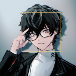 1boy amamiya_ren black-framed_eyewear black_jacket closed_mouth commentary_request facial_recognition glasses grey_eyes hair_between_eyes highres jacket lapels layered_sleeves long_sleeves looking_at_viewer male_focus notched_lapels nunui0618 persona persona_5 school_uniform shirt shuujin_academy_school_uniform smile solo suit_jacket upper_body white_shirt