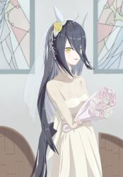 Rule 34 | 1girl, absurdres, ahoge, animal ears, bare shoulders, black hair, bouquet, breasts, cleavage, collarbone, dress, ear covers, flower, flower request, hair between eyes, hairband, highres, holding, holding bouquet, horse ears, horse girl, horse tail, long hair, long hair between eyes, manhattan cafe (umamusume), multicolored hair, parted lips, pink flower, see-through clothes, see-through dress, sleeveless, sleeveless dress, small breasts, smile, solo, stained glass, tail, tp tof, umamusume, veil, very long hair, wedding dress, white dress, white flower, white hair, white hairband, white veil, yellow eyes