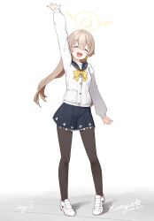 Rule 34 | 1girl, :d, ^ ^, arm up, blue archive, blue sailor collar, blue skirt, bow, bowtie, brown hair, brown pantyhose, buttons, cardigan, closed eyes, commentary, crossed bangs, dated, floating hair, frilled skirt, frills, full body, hair between eyes, hair bow, halo, hifumi (blue archive), highres, kafuukamiya, low twintails, open mouth, pantyhose, pleated skirt, pocket, sailor collar, shoes, signature, skirt, smile, sneakers, solo, standing, teeth, twintails, upper teeth only, white cardigan, white shoes, yellow bow, yellow bowtie, yellow halo