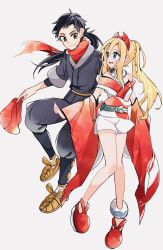 Rule 34 | 1boy, 1girl, black hair, black shirt, blonde hair, blue eyes, blush, bracelet, breasts, closed mouth, cocoa s3, eyelashes, galaxy expedition team survey corps uniform, grey eyes, grey jacket, hair between eyes, hairband, hat, highres, holding, irida (pokemon), jacket, jewelry, long hair, neck ring, nintendo, open mouth, pants, pokemon, pokemon legends: arceus, red hairband, red scarf, red shirt, rei (pokemon), sash, scarf, shirt, shorts, smile, strapless, strapless shirt, white shorts