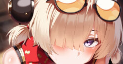 1girl bilingual_commentary blonde_hair blush collar commentary_request cropped eyewear_on_head hair_over_one_eye headgear implied_fellatio indoors looking_at_viewer mixed-language_commentary orange-tinted_eyewear out-of-frame_censoring paid_reward_available partial_commentary purple_eyes red_collar short_hair sunglasses sweety_(zenless_zone_zero) takashia_(akimototakashia) tinted_eyewear zenless_zone_zero