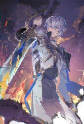 1boy absurdres ahoge black_pants blue_eyes coat fire glitch gold_tattoo highres holding holding_sword holding_weapon honkai:_star_rail honkai_(series) male_focus neck_tattoo night night_sky outdoors pants parted_lips phainon_(honkai:_star_rail) ranersha1 short_hair sky solo sword tattoo twitter_username weapon white_coat white_hair