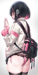 1girl absurdres ass backpack bag black_bag black_hair black_mask black_skirt black_survival black_thighhighs breasts brown_cardigan cardigan cellphone clothes_lift colored_inner_hair commentary english_commentary eternal_return:_black_survival from_behind hand_up headphones highres holding holding_phone krabking lingerie long_sleeves looking_ahead looking_at_phone marlene_(after_school)_(black_survival) marlene_(black_survival) mask mouth_mask multicolored_hair nail_polish official_alternate_costume panties phone pink_hair pink_nails pink_panties pleated_skirt red_eyes short_hair side-tie_panties simple_background skirt skirt_lift smartphone solo standing thighhighs thighs underwear white_background