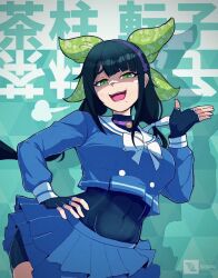 Rule 34 | 1girl, artist name, black hair, bow, breasts, chabashira tenko, choker, commentary, covered navel, cropped shirt, danganronpa (series), danganronpa v3: killing harmony, disgust, english commentary, eyelashes, fingerless gloves, gloves, green background, green eyes, hair ornament, hair ribbon, hairband, hand on own hip, layered skirt, long hair, long sleeves, looking at viewer, mole, mole under mouth, narrowed eyes, open mouth, partially shaded face, pink choker, pink hairband, pleated skirt, puff of air, ribbon, sailor collar, school uniform, shirt, sidelocks, skirt, slit pupils, solo, soshu (soshuscribbles), toned, toned female, translation request, twintails, upper body, very long hair, watermark