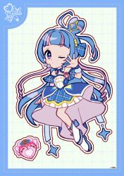 1girl ;o aokaze_nana bare_shoulders blue_border blue_bow blue_bowtie blue_dress blue_gemstone blue_hair blue_ribbon blue_skirt blue_wrist_cuffs blunt_bangs boots border bow bowtie bright_pupils brooch collar cure_wink deformed detached_collar diamond_hair_ornament dot_nose dotted_line dress expressionless eyelashes footwear_bow frilled_dress frilled_wrist_cuffs frills full_body gem grey_background grid_background hair_bobbles hair_bun hair_ornament hair_ribbon hairband hand_up headset heart heart-shaped_hair heart_brooch high_collar highres jewelry kimi_to_idol_precure long_hair long_skirt looking_at_viewer magical_girl multicolored_hair off-shoulder_dress off_shoulder one_eye_closed outline parted_lips plaid_clothes plaid_dress plaid_ribbon pleated_sleeves precure purple_eyes purple_hair ribbon short_dress short_sleeves showgirl_skirt signature single_side_bun skirt solo streaked_hair tareme two-sided_fabric two-sided_skirt two-tone_hair unmoving_pattern uwded_207 very_long_hair waving white_boots white_collar white_hairband white_outline white_pupils white_skirt wrist_cuffs