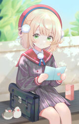 1girl absurdres bag bench beret bird black_bag blonde_hair blurry blurry_background blush card closed_mouth commentary_request day drinking_straw green_eyes hair_ornament hair_rings hat heart highres holding holding_card indie_virtual_youtuber iqchan juice_box long_sleeves looking_at_viewer outdoors pinstripe_jacket pinstripe_pattern pinstripe_skirt plant pleated_skirt pom_pom_(clothes) pom_pom_hair_ornament red_sailor_collar sailor_collar shigure_ui_(vtuber) shigure_ui_(vtuber)_(1st_costume) shirt short_hair sitting skirt smile solo virtual_youtuber white_shirt