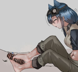 Rule 34 | 1girl, absurdres, animal ears, arknights, bar censor, barefoot, blue hair, censored, closed eyes, fang (arknights), feet, footjob, goggles, goggles on head, highres, light blush, long hair, operatorut, parted lips, toes