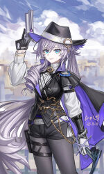 1girl absurdres asymmetrical_dual_wielding belt black_gloves black_hat black_jacket black_pantyhose black_shorts blue_eyes breasts chinese_commentary commentary_request cowboy_shot detective_(silver_palace) dual_wielding female_detective_(silver_palace) gloves grey_hair gun hand_up hat highres holding holding_gun holding_weapon jacket long_hair looking_at_viewer medium_breasts outdoors pantyhose pantyhose_under_shorts pink_pupils shorts silver_palace smile solo very_long_hair weapon white_belt yitai_zhi_meng
