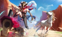 Rule 34 | 1girl, asymmetrical clothes, bandana, bandana around neck, bare shoulders, belt, blue eyes, blue sky, cannon, chasca (genshin impact), cliff, closed mouth, cloud, commentary, cowboy hat, day, dust, english commentary, genshin impact, grass, gun, hat, high-waist shorts, highres, holding, holding lasso, holding reins, horse, huge weapon, lasso, long hair, outdoors, pointy ears, red bandana, red hair, reins, rope, shorts, single pantsleg, sky, solo, stephengiannart, tank top, weapon, white horse