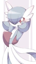 blush bob_cut colored_skin dress gardevoir gen_3_pokemon green_hair green_skin hair_over_one_eye highres multicolored_skin narumiya_pkmn nintendo pink_eyes pokemon pokemon_(creature) signature two-tone_skin white_dress white_skin