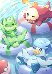 Rule 34 | &gt; &lt;, &gt; o, :3, afloat, aqua eyes, bright pupils, closed mouth, commentary request, fangs, fuecoco, illustrattyako, innertube, nintendo, no humans, one eye closed, open mouth, pokemon, pokemon (creature), quaxly, smile, sprigatito, starter pokemon trio, swim ring, water, white pupils