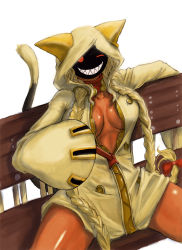 1girl animal_ears arc_system_works artist_request bad_id bad_pixiv_id bench blazblue blonde_hair bow braid breasts buttons cat_ears cat_tail cleavage collar dark-skinned_female dark_skin fangs female_focus grin highres hood large_breasts messy_hair one_eye_closed open_clothes open_shirt parody red_eyes ribbon shirt smile solo tail tan taokaka twin_braids twintails wink yaranaika zipper
