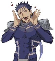 1boy armor arms_up blue_bodysuit blue_hair bodysuit commentary covered_abs covered_pectorals cowboy_shot cu_chulainn_(fate) cu_chulainn_(fate/stay_night) earrings fate/stay_night fate_(series) heart highres jewelry jooojooo_oo long_hair long_sleeves looking_up male_focus open_mouth pauldrons pectorals piercing red_eyes sanpaku shoulder_armor simple_background solo symbol-only_commentary teeth tongue white_background